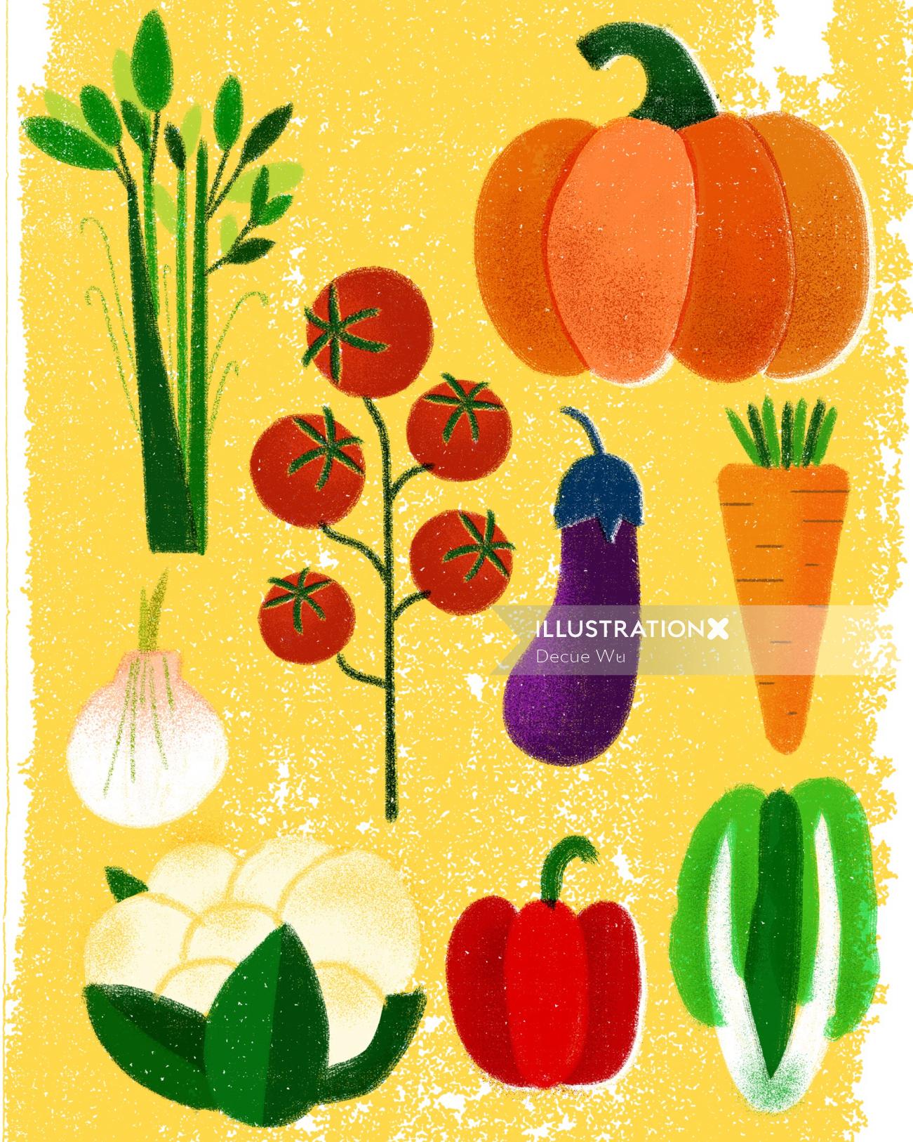 Editorial illustration of vegetables for Vogue China March