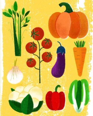 Editorial illustration of vegetables for Vogue China March