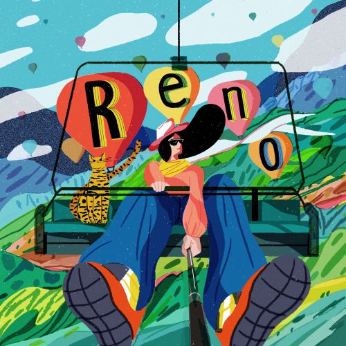 Person riding a cable car with Reno letters in mountains by Decue Wu