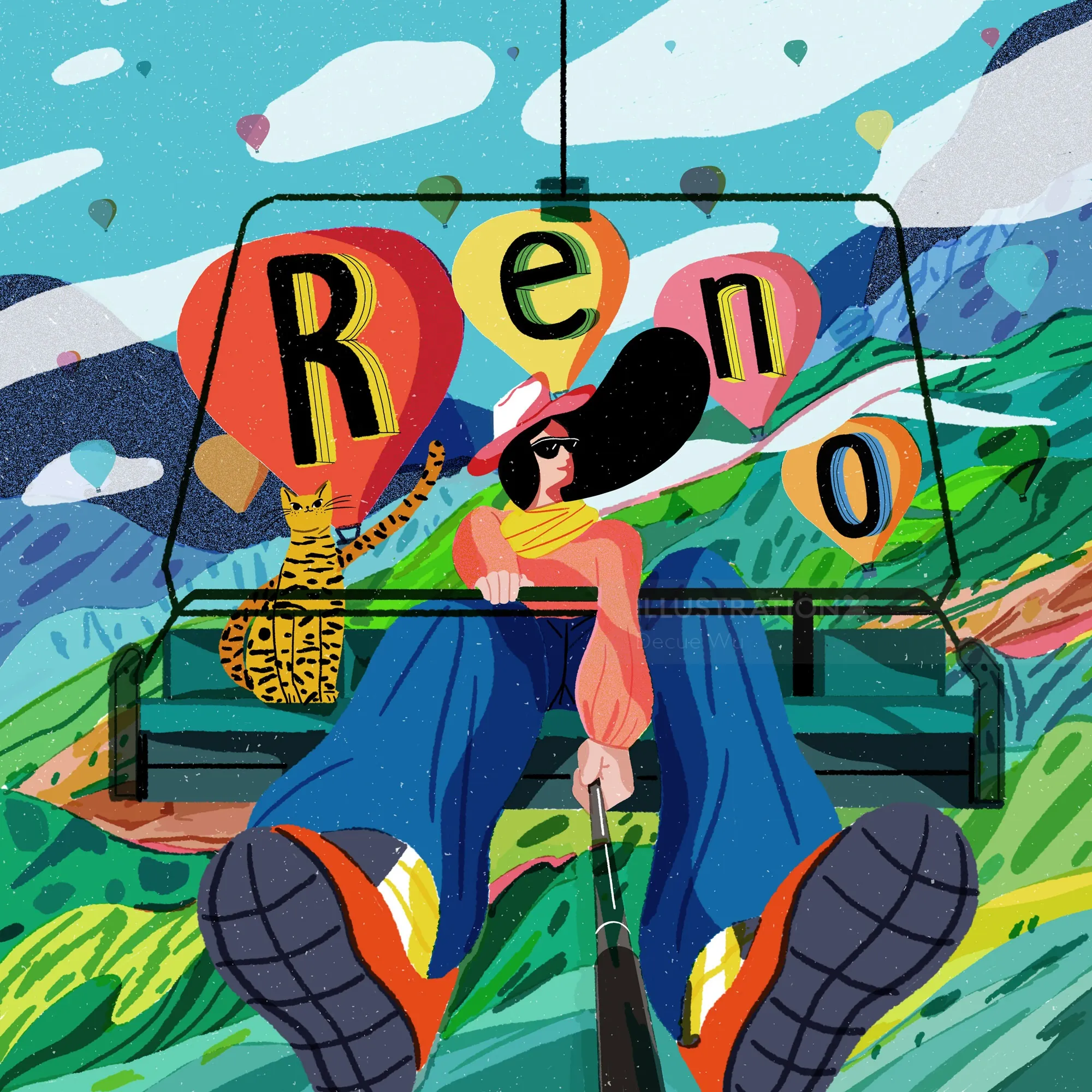 Person riding a cable car with Reno letters in mountains by Decue Wu