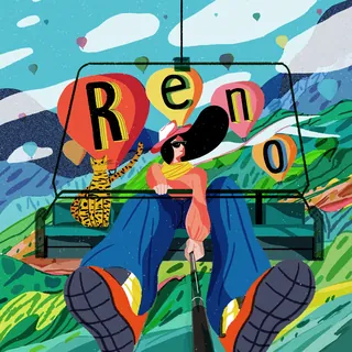 Person riding a cable car with Reno letters in mountains by Decue Wu