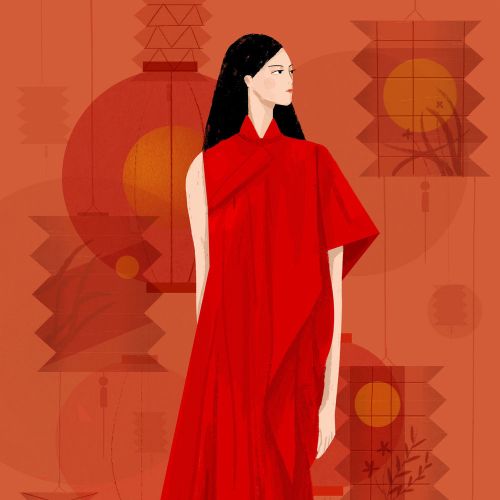 Fashion illustration of long red gown 