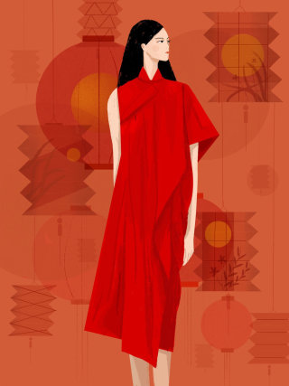 長い赤いガウンのファッションイラスト 