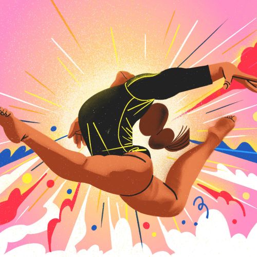 Dynamic jumping dancer leaping with brightly colored abstract background by Decue Wu