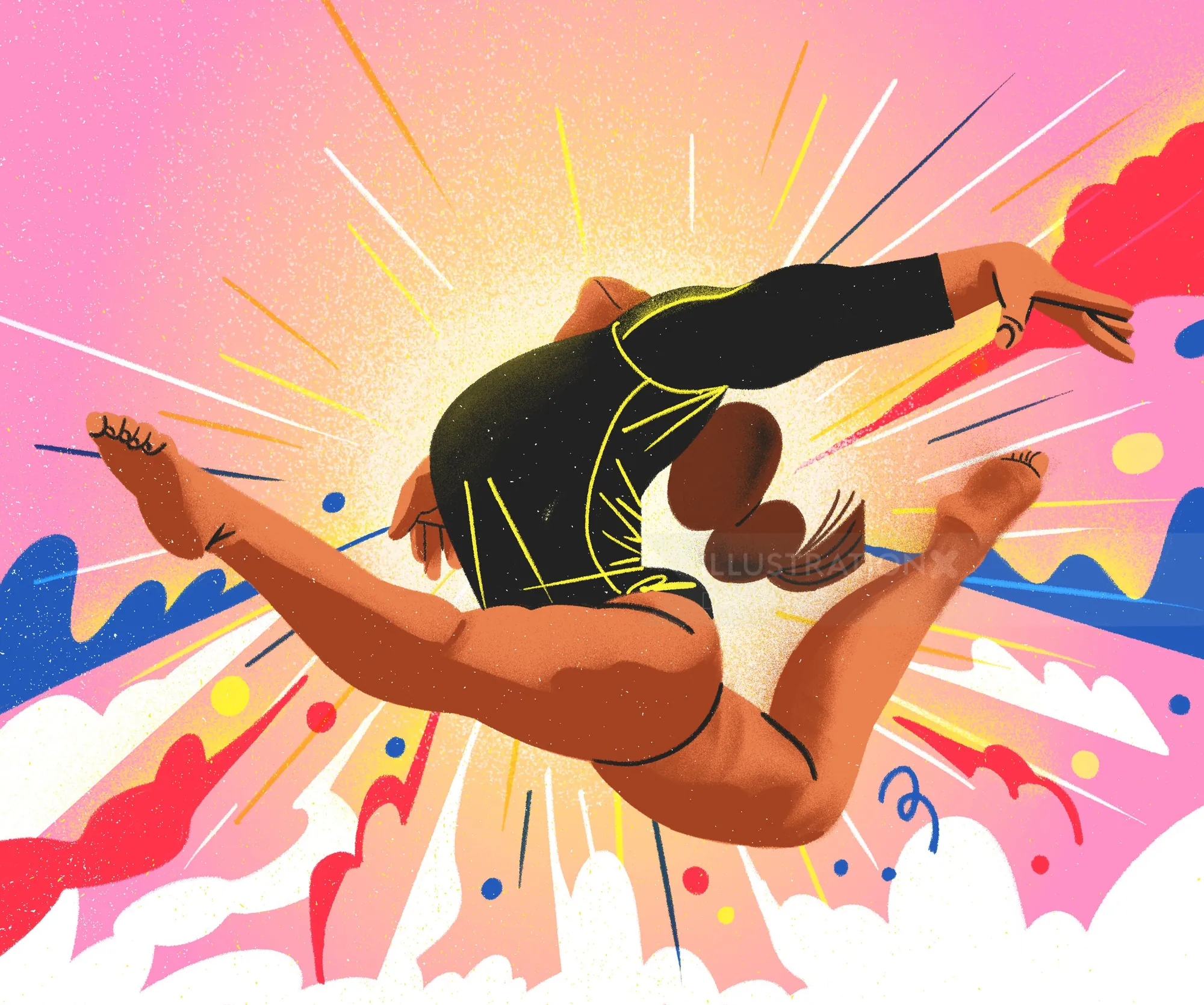 Dynamic jumping dancer leaping with brightly colored abstract background by Decue Wu