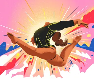 Dynamic jumping dancer leaping with brightly colored abstract background by Decue Wu