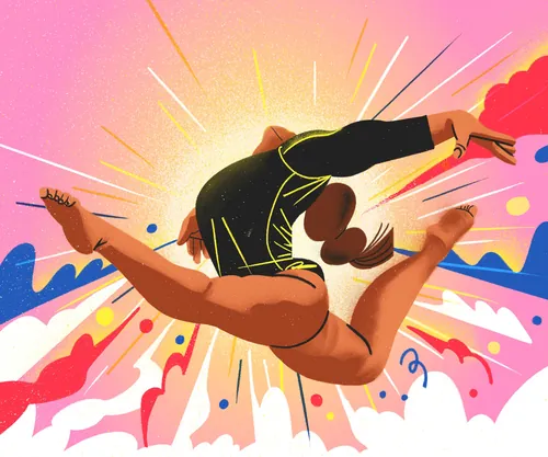 Dynamic jumping dancer leaping with brightly colored abstract background by Decue Wu