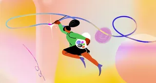Abstract painting of figure with colorful swirling lines by Decue Wu