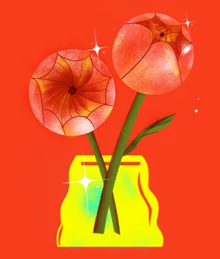 Abstract flowers in a yellow vase on red background by Decue Wu