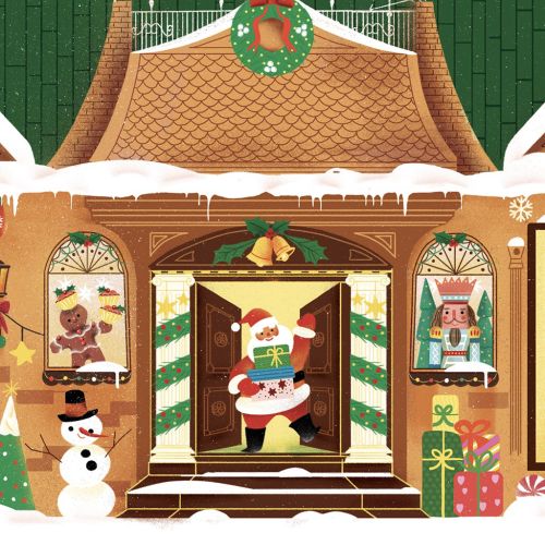 Santa Claus entering house decorated for Christmas with snowman and presents outside