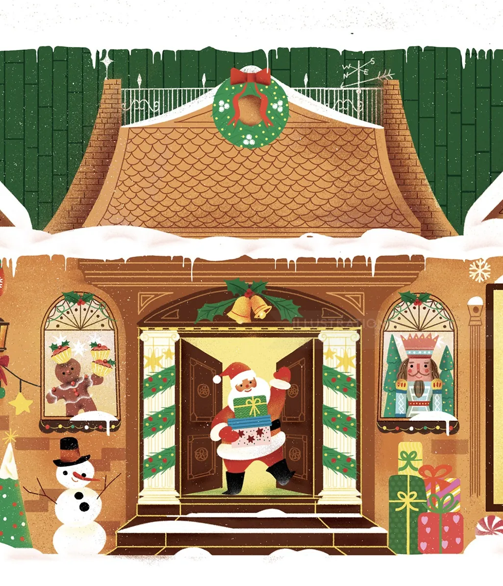 Santa Claus entering house decorated for Christmas with snowman and presents outside