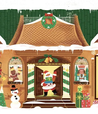 Santa Claus entering house decorated for Christmas with snowman and presents outside