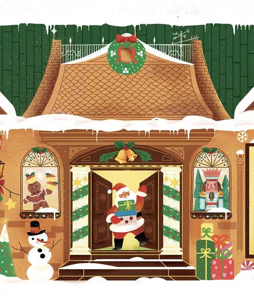 Santa Claus entering house decorated for Christmas with snowman and presents outside