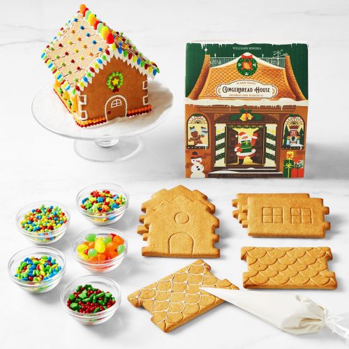 Gingerbread house kit with decorated house and cookie pieces for assembly
