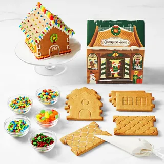 Gingerbread house kit with decorated house and cookie pieces for assembly