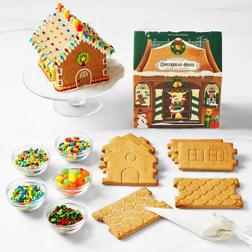 Gingerbread house kit with decorated house and cookie pieces for assembly