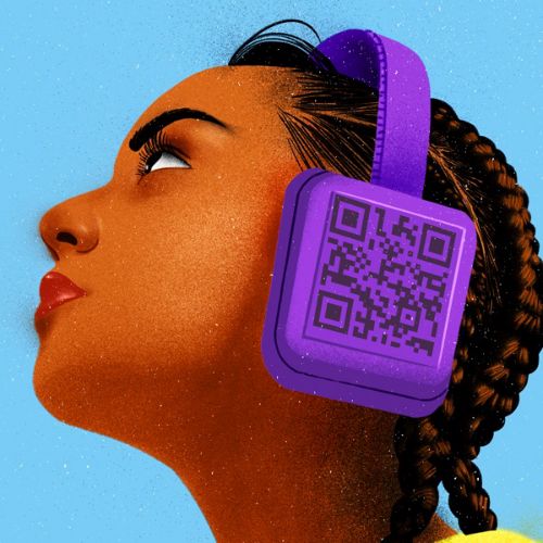 Person with braided hair wearing purple QR code headphones looking upward
