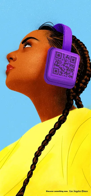 Person with braided hair wearing purple QR code headphones looking upward