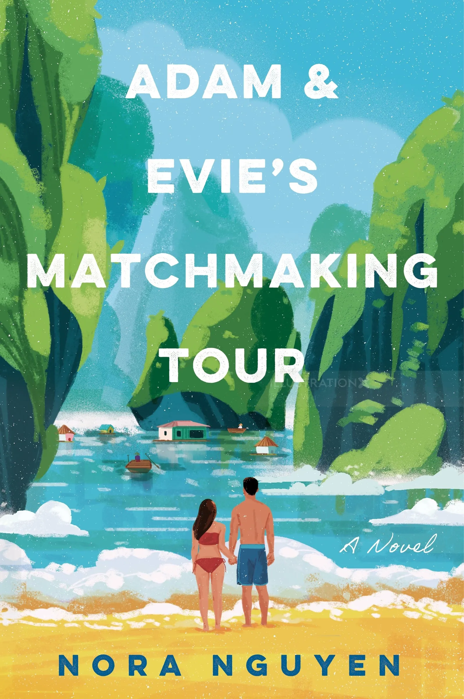 Couple holding hands overlooking tropical water with cliffs and boat