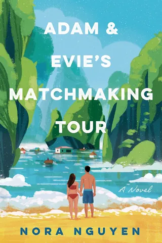 Couple holding hands overlooking tropical water with cliffs and boat