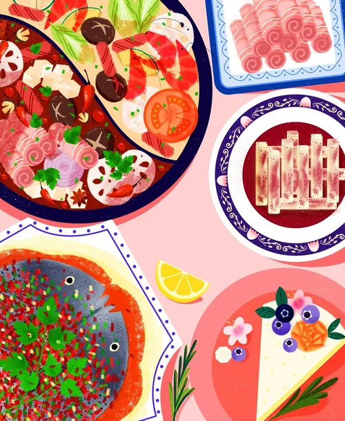 Decue Wuによるイラスト。色とりどりの料理が盛り付けられたお皿が描かれている。