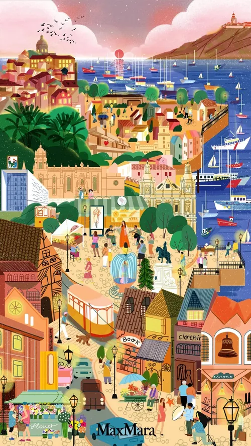 港と街路が描かれたカラフルな海辺の街のイラスト（作者：Decue Wu）