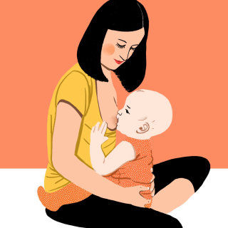 Ilustração de mãe alimentando bebê por Decue Wu
