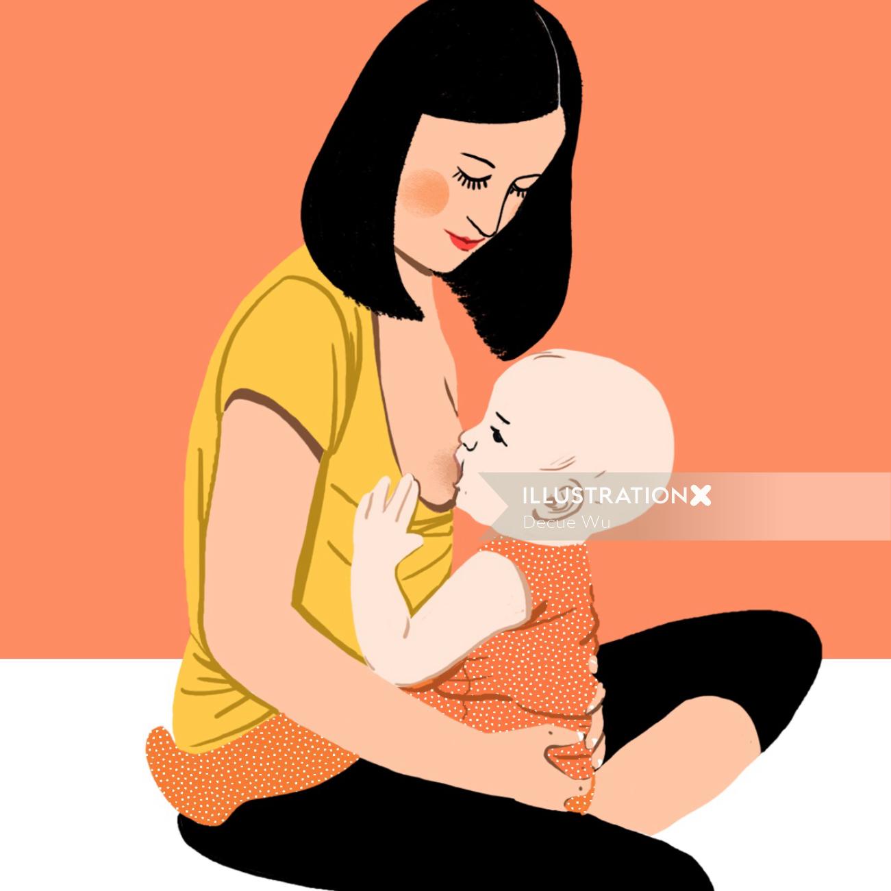 Mãe alimentando ilustração bebê por Decue Wu