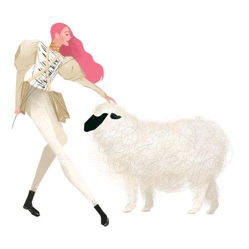 Woman with white sheep illustration by Decue Wu