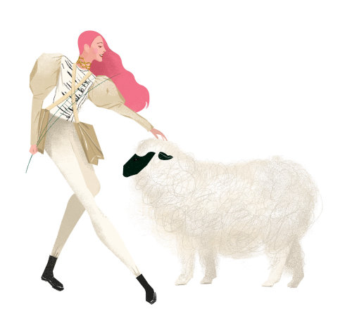 Woman with white sheep illustration by Decue Wu
