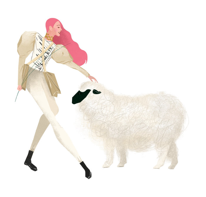 Mulher com ilustração de ovelhas brancas por Decue Wu