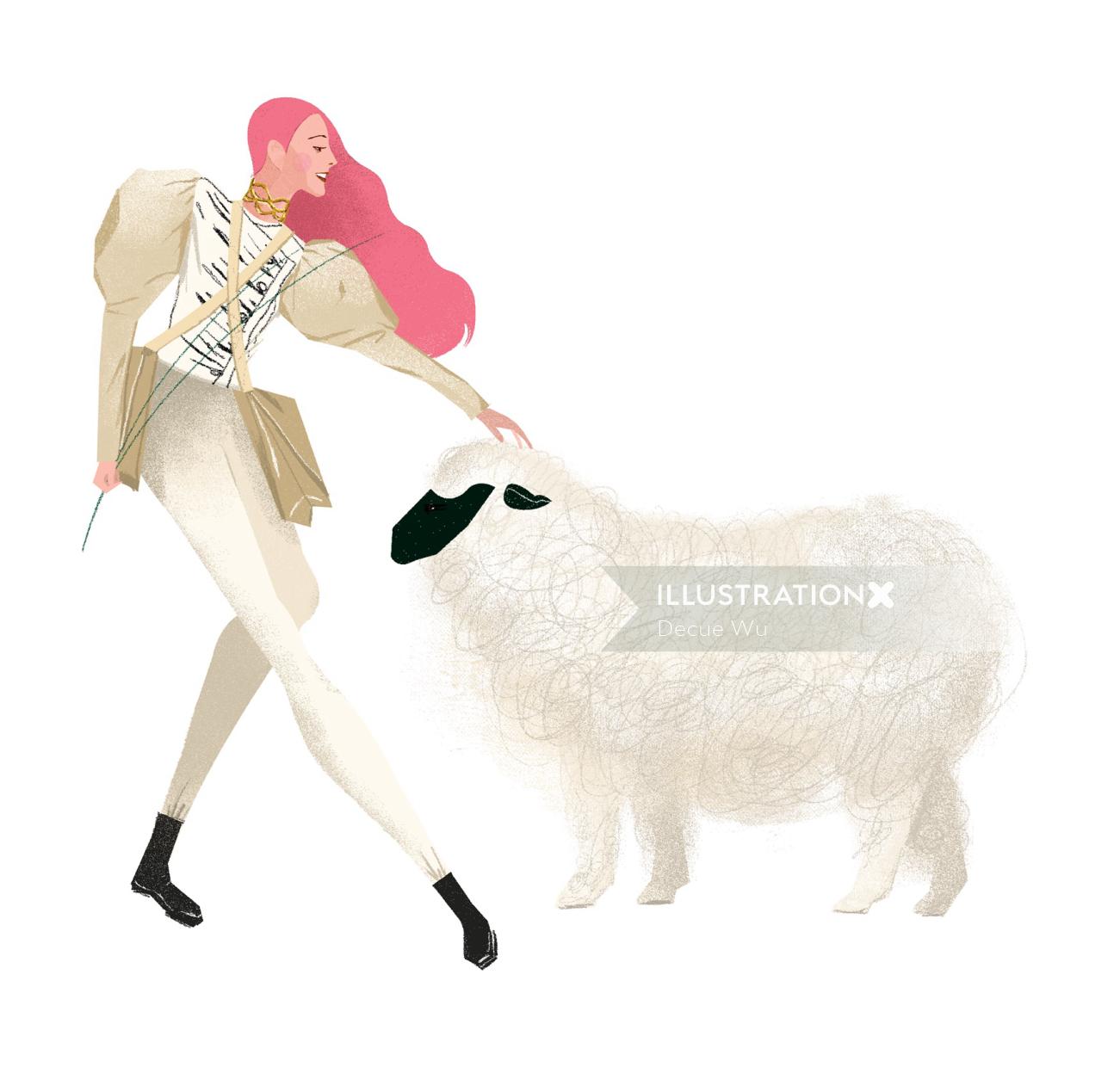 DecueWuによる白い羊のイラストを持つ女性