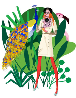 Uma ilustração de uma mulher parada no pavão