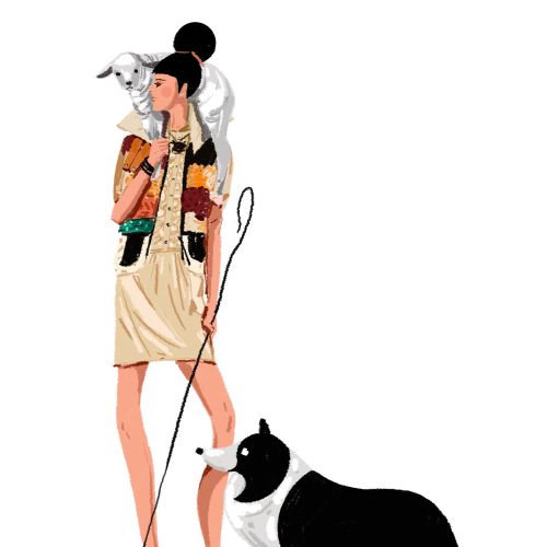 An illustration of woman holding sheep