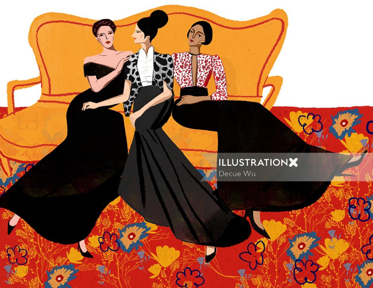 Fashion women sitting on sofa illustration by Decue Wu