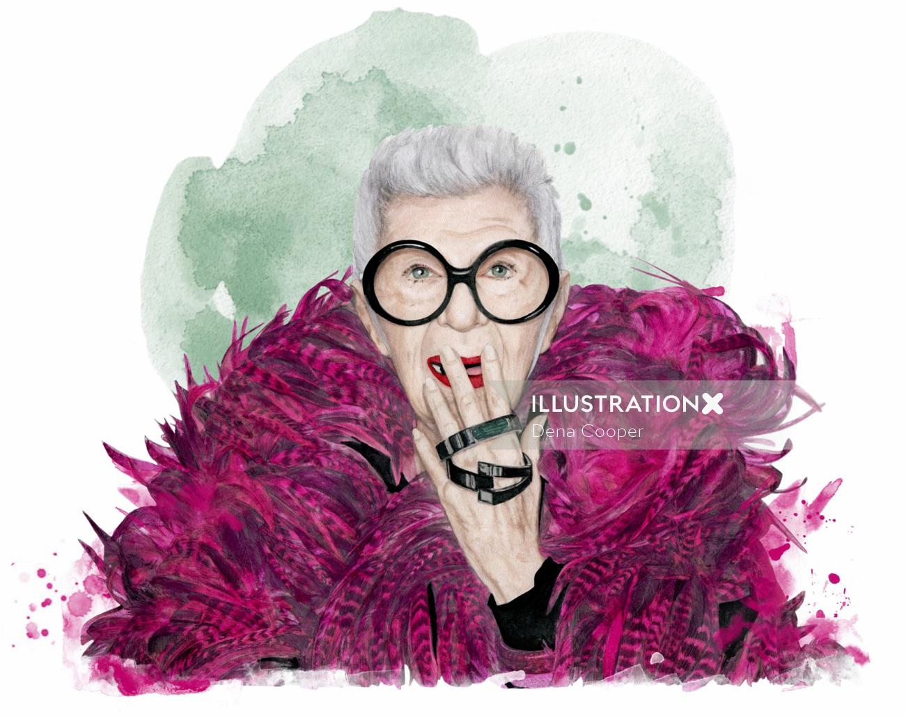 Fashion portrait illustration of Iris Apfel