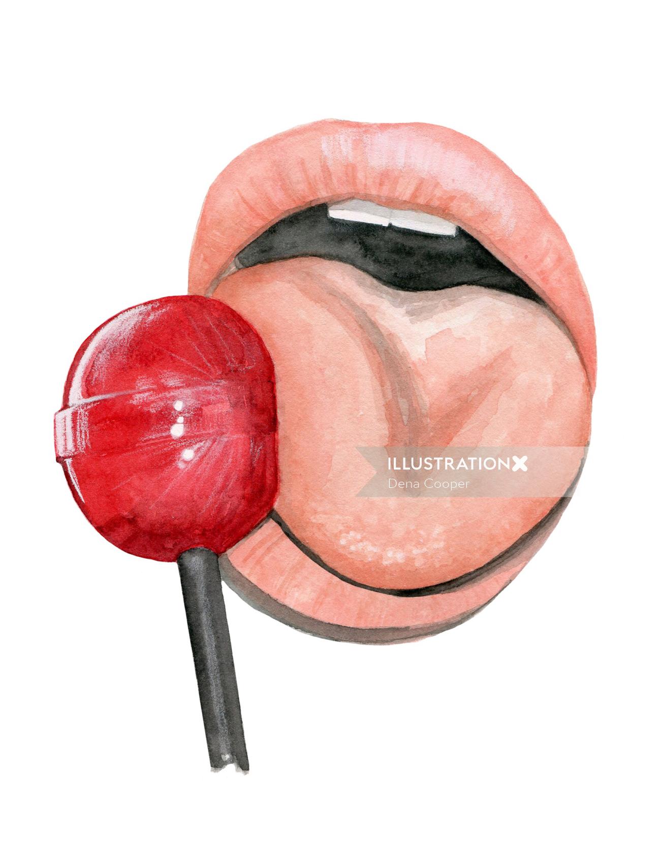 Water colour image of mouth licking lollipop