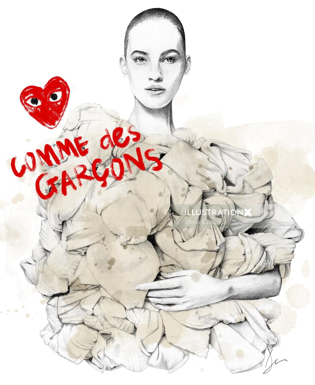 Retrato de ilustração de moda da modelo vestindo Comme des Garcons