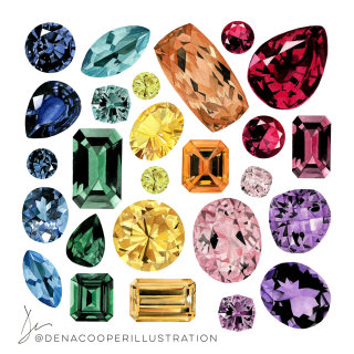 Illustration of coloured Gemstones by Dena Cooper