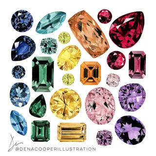 Illustration of coloured Gemstones by Dena Cooper