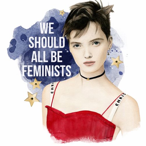 Illustration of a model with feminism graphic