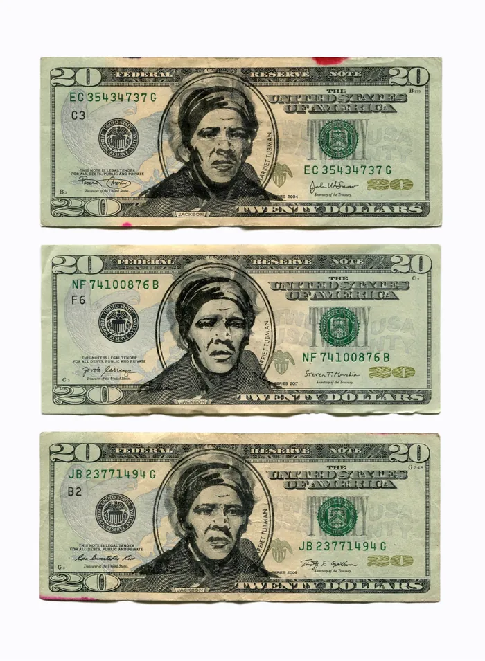 Conceptual artwork of Harriet Tubman stamp on $20 note