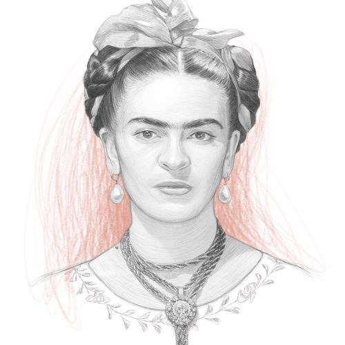 Stylized digital pencil artwork of Frida Kahlo