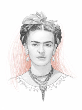 Stylized digital pencil artwork of Frida Kahlo