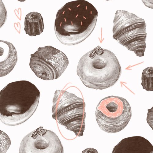 Pattern of donuts, cronuts, croissants, and Canelés in brown tones