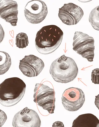 Pattern of donuts, cronuts, croissants, and Canelés in brown tones