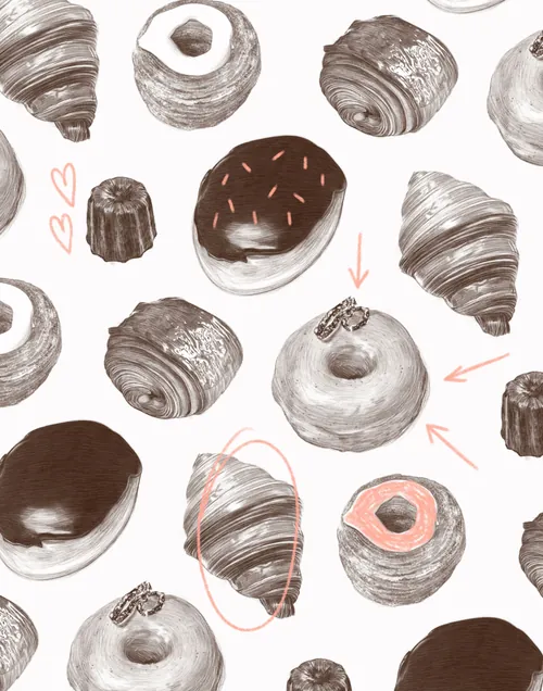 Pattern of donuts, cronuts, croissants, and Canelés in brown tones