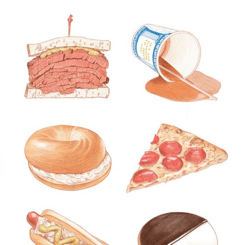 New York foods: pastrami sandwich, coffee, bagel, pizza, hotdog, black and white cookie
