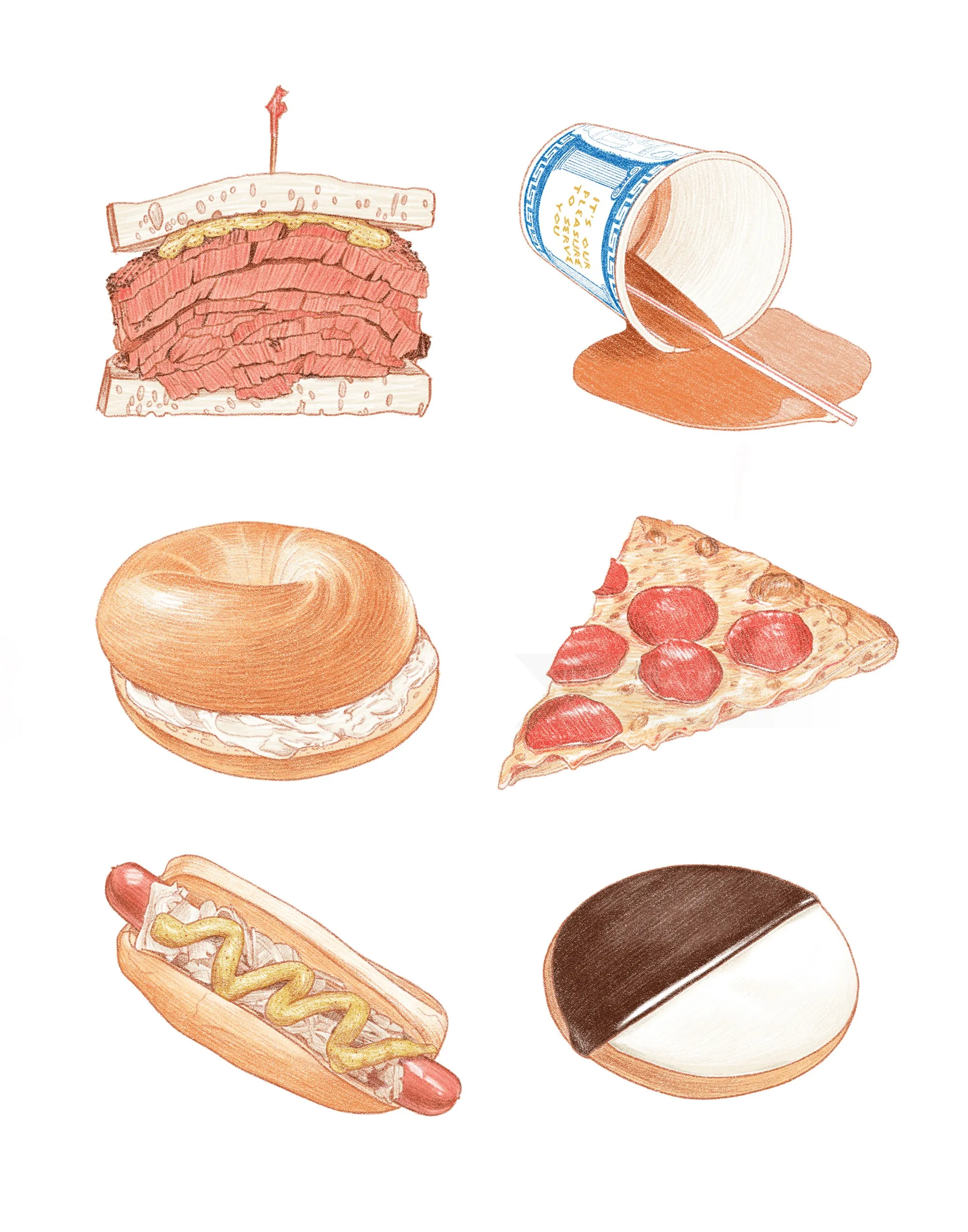 New York foods: pastrami sandwich, coffee, bagel, pizza, hotdog, black and white cookie