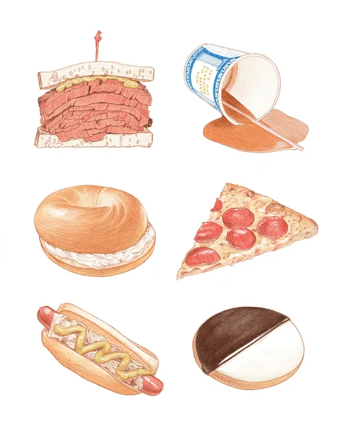 New York foods: pastrami sandwich, coffee, bagel, pizza, hotdog, black and white cookie